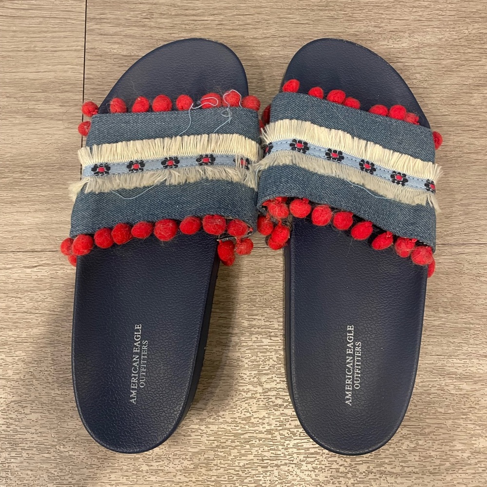 American Eagle Outfitters Denim and Red Pom-Pom Sandals